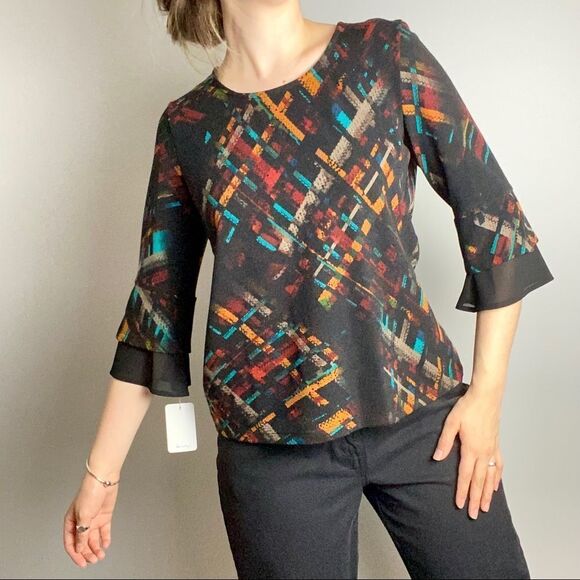Nwt black multicolour 3/4 sleeve top shirt casual  blouse XL - Picture 4 of 9